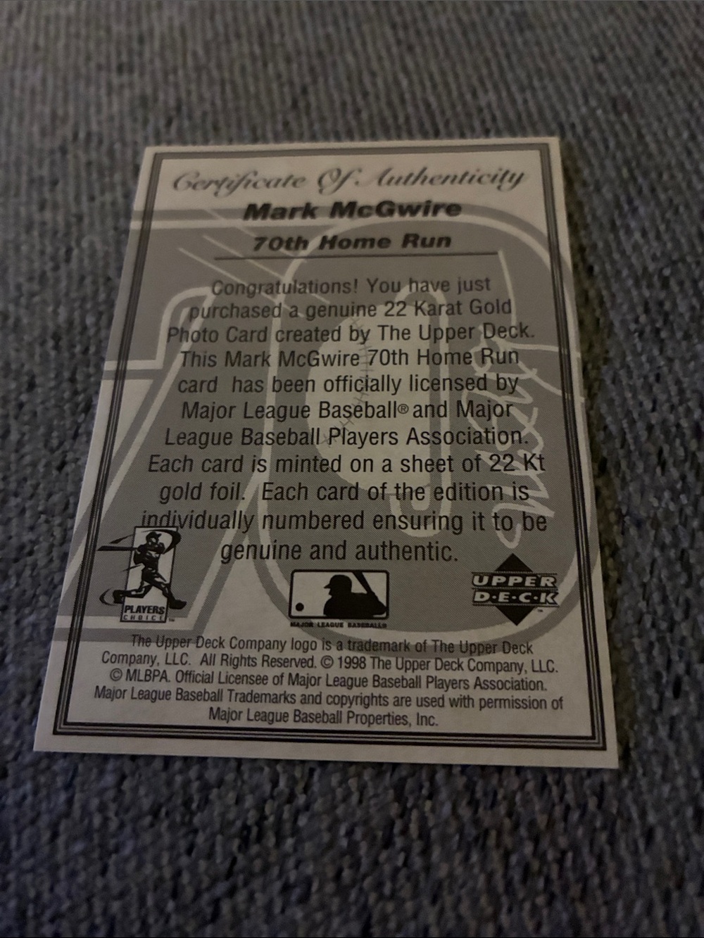 1998 Upper Deck - Home Run Record 22k Gold Mark McGwire Die-Cut 701/17000 - Picture 4 of 7